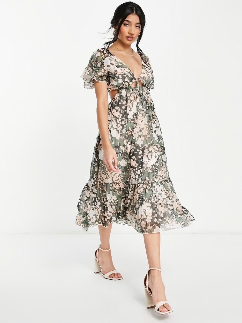 ASOS DESIGN soft tiered midi dress with tie front in blurred floral print